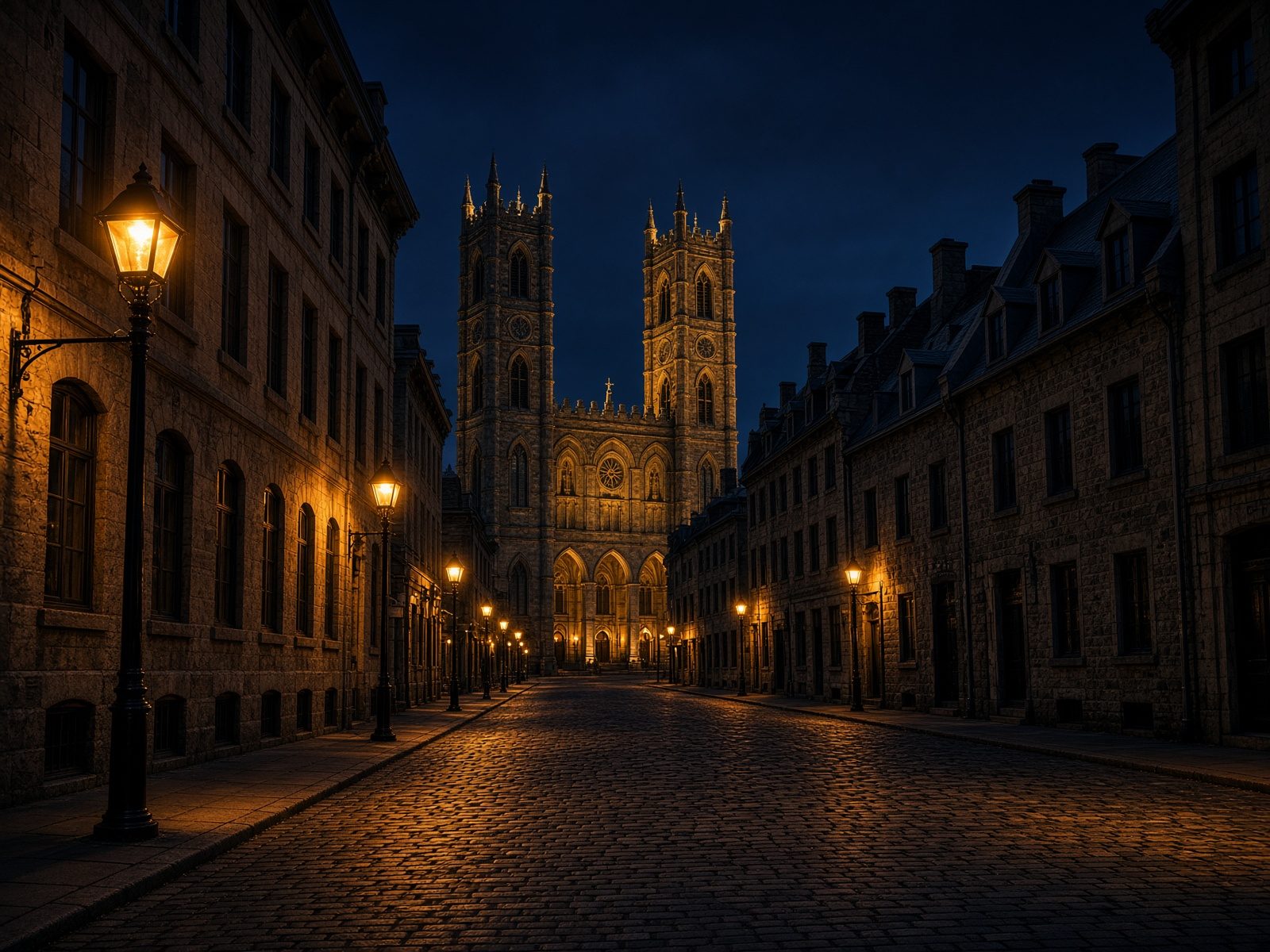 Rue pavée du Vieux-Montréal et basilique Notre-Dame